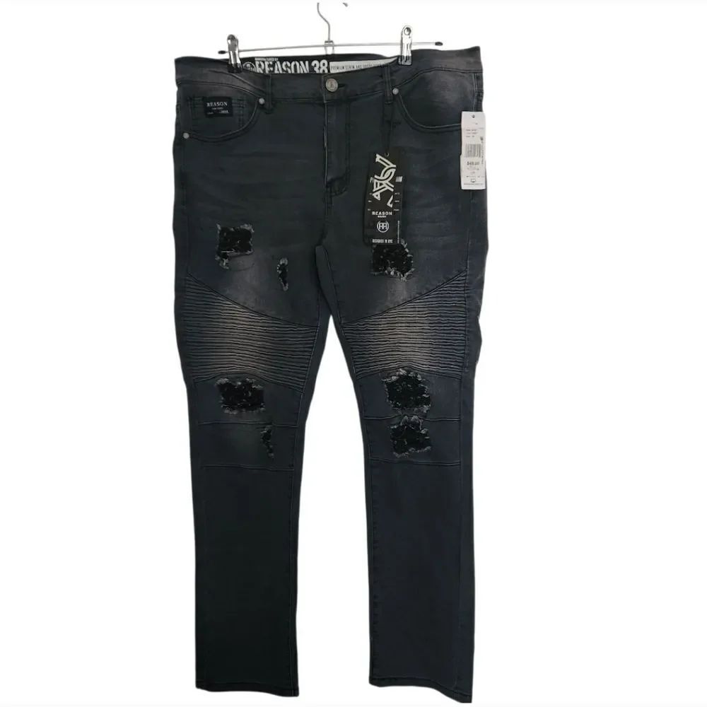 Reason Men's Dark Gray Highly Distressed Textured Jeans Straight Leg Size 38